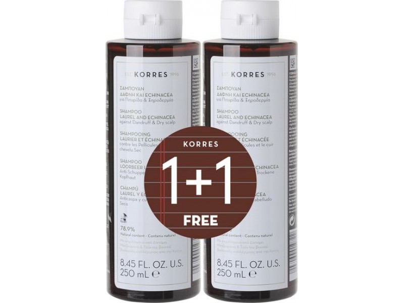 Pachet Sampon antimatreata pentru par uscat Laurel & Echinacea, 2x250ml, Korres Pachet Sampon antimatreata pentru par uscat Laurel & Echinacea, 2x250ml, Korres