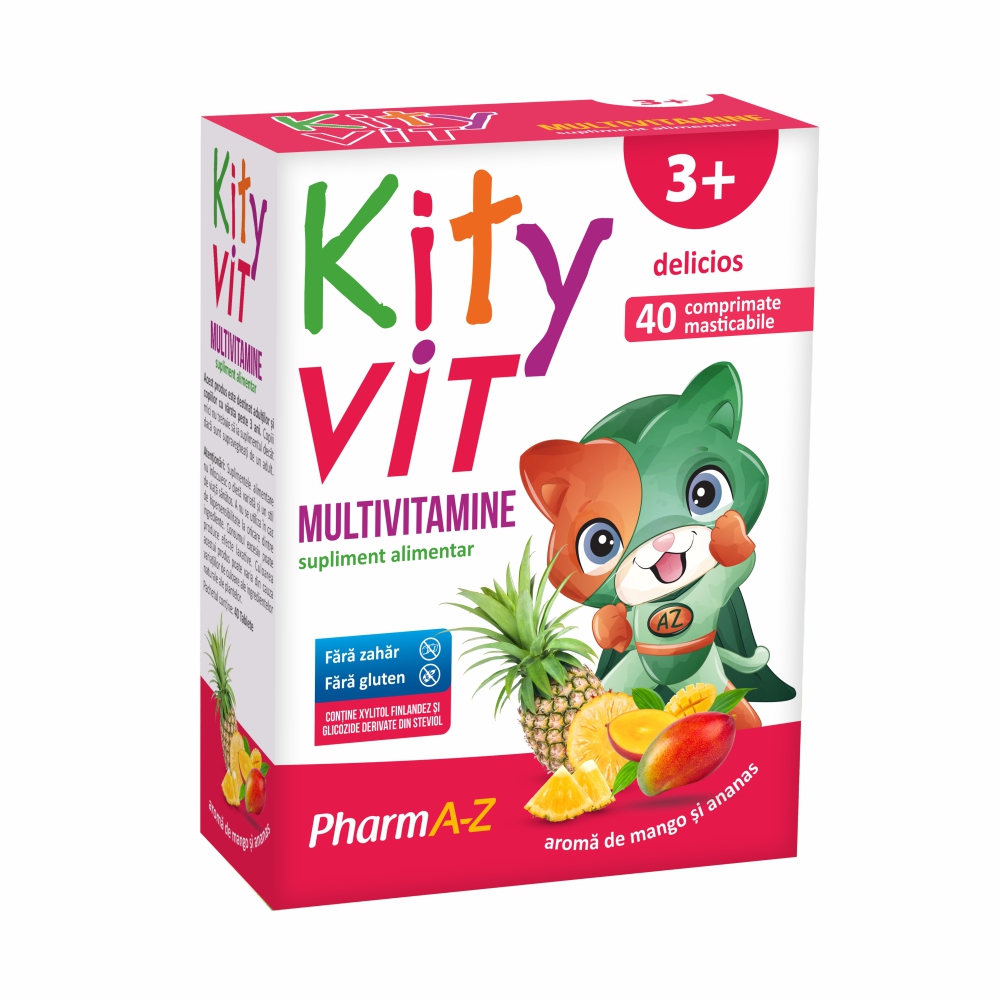Kityvit Multivitamine cu aroma mango si ananas, 40 comprimate masticabile, PharmA-Z Kityvit Multivitamine cu aroma mango si ananas, 40 comprimate masticabile, PharmA-Z