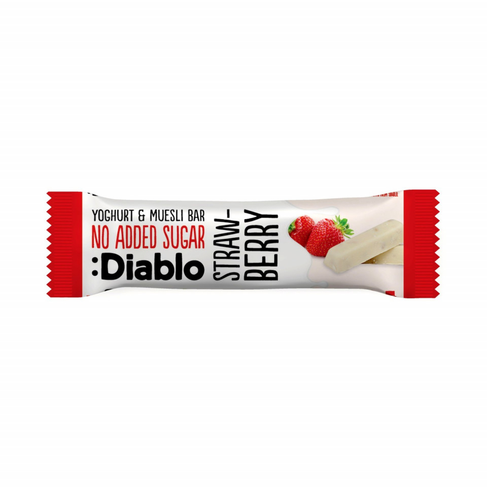 Baton fara zahar de cereale si capsuni cu invelis de iaurt, 30g, Diablo Baton fara zahar de cereale si capsuni cu invelis de iaurt, 30g, Diablo