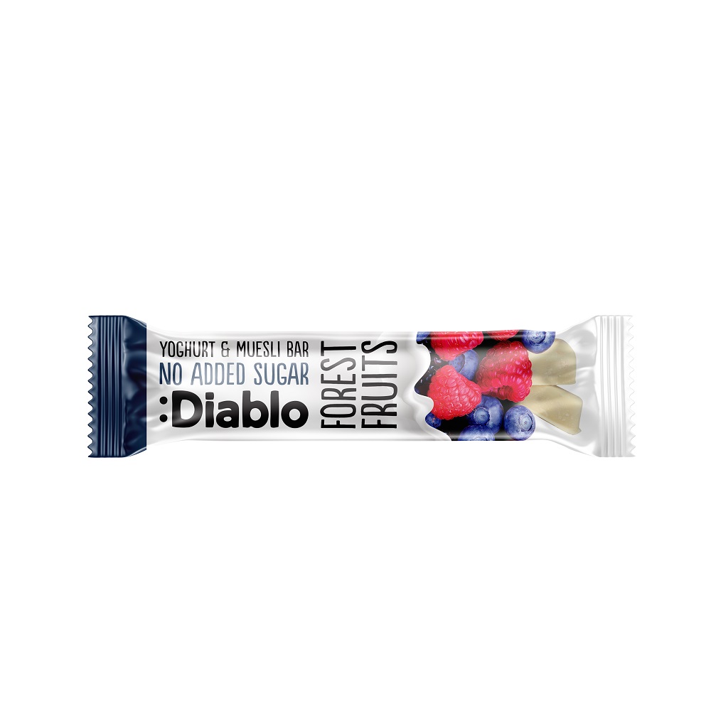 Baton fara zahar de cereale si fructe de padure cu invelis de iaurt, 30g, Diablo Baton fara zahar de cereale si fructe de padure cu invelis de iaurt, 30g, Diablo