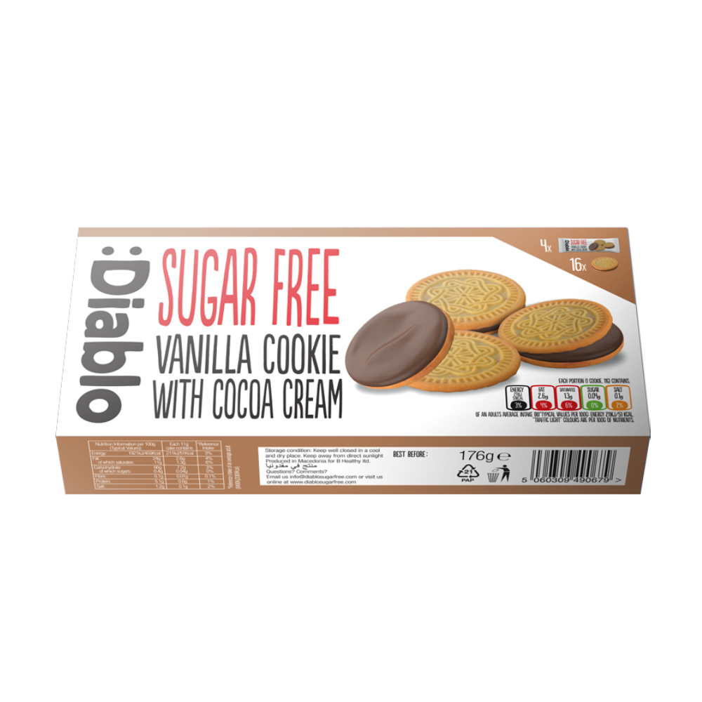 Biscuiti cu vanilie fara zahar cu umplutura de ciocolata, 176g, Diablo Biscuiti cu vanilie fara zahar cu umplutura de ciocolata, 176g, Diablo