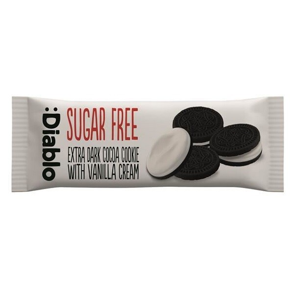 Biscuiti cu cacao fara zahar cu umplutura de vanilie, 44g, Diablo Biscuiti cu cacao fara zahar cu umplutura de vanilie, 44g, Diablo