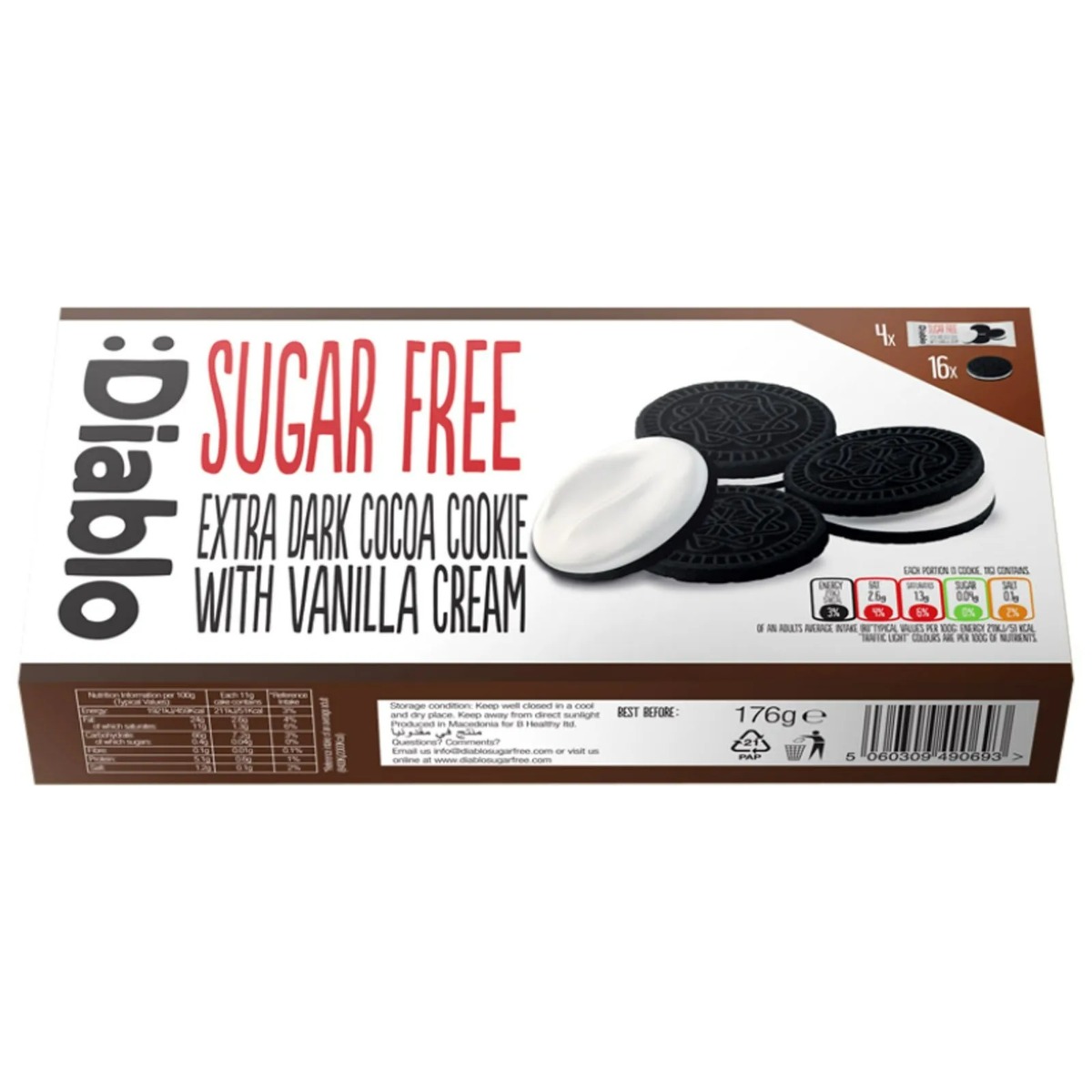 Biscuiti cu cacao fara zahar cu umplutura de vanilie 176g, Diablo Biscuiti cu cacao fara zahar cu umplutura de vanilie 176g, Diablo
