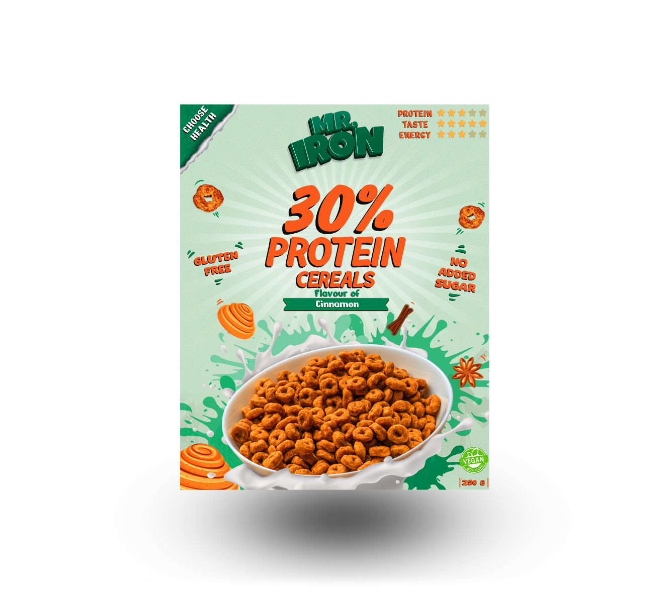 Cereale cu 30% proteina fara zahar low-carb gluten free si vegane Scortisoara, 250g, Mr. Iron Cereale cu 30% proteina fara zahar low-carb gluten free si vegane Scortisoara, 250g, Mr. Iron