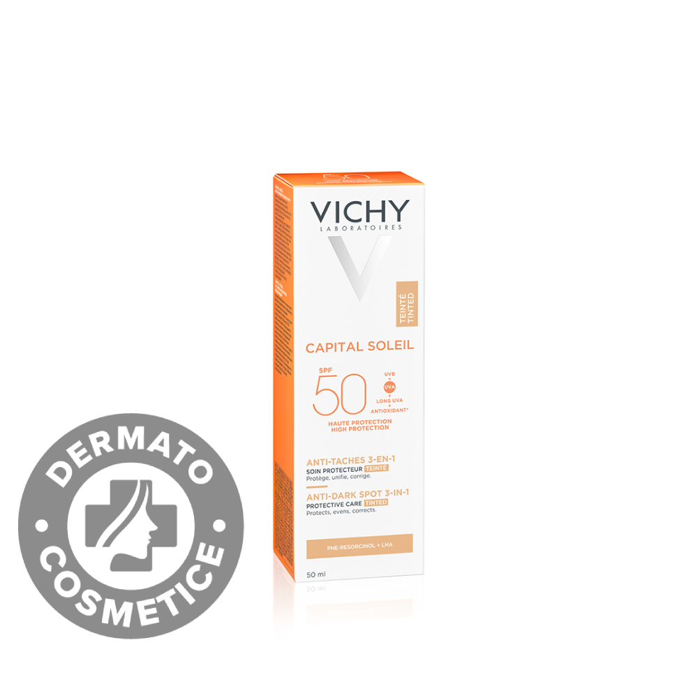 Crema colorata anti-pete pigmentare cu protectie solara SPF 50+ pentru fata Capital Soleil, 50ml, Vichy Crema colorata anti-pete pigmentare cu protectie solara SPF 50+ pentru fata Capital Soleil, 50ml, Vichy