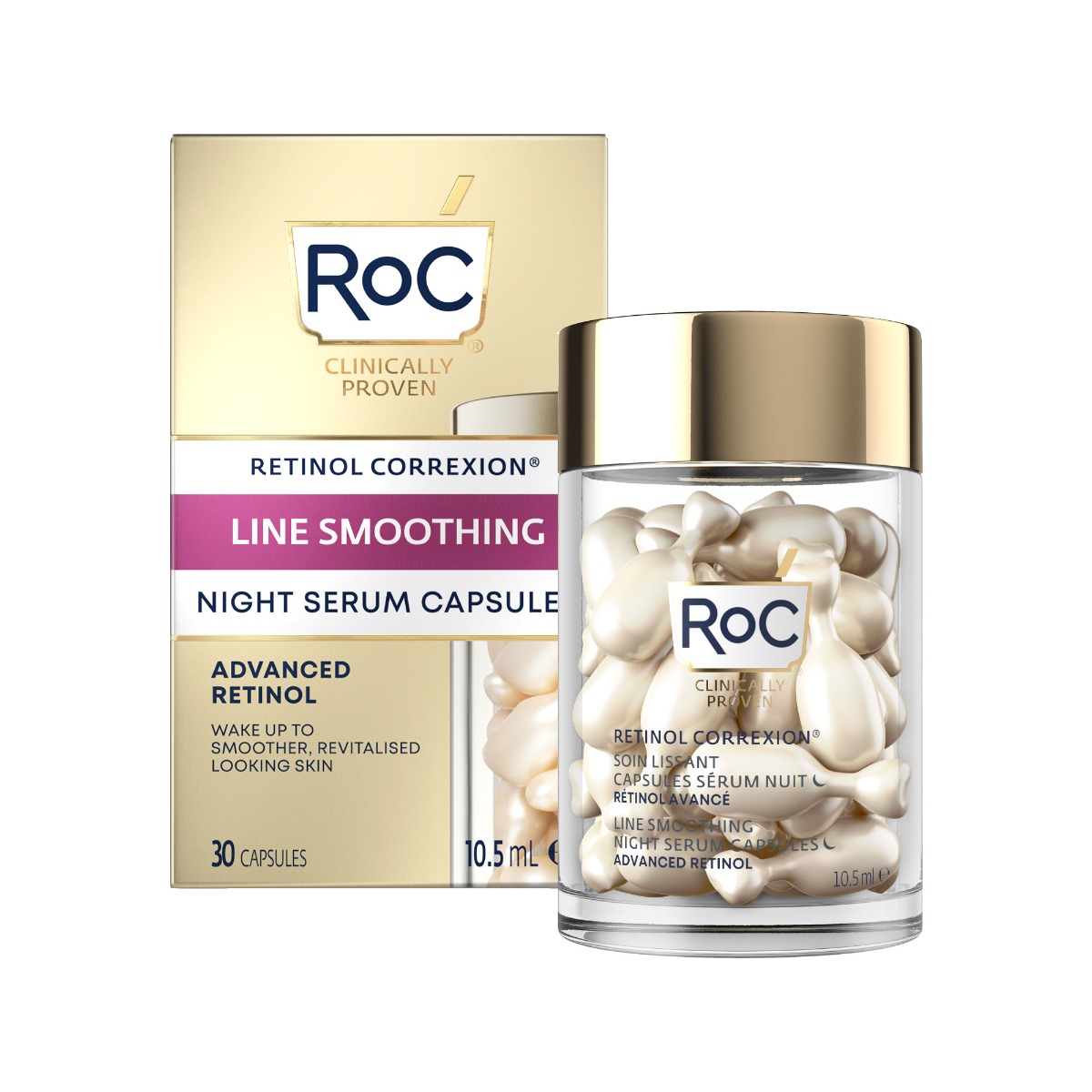 Capsule cu ser de fata pentru noapte Retinol Correxion Line Smoothing, 30 bucati, RoC Capsule cu ser de fata pentru noapte Retinol Correxion Line Smoothing, 30 bucati, RoC