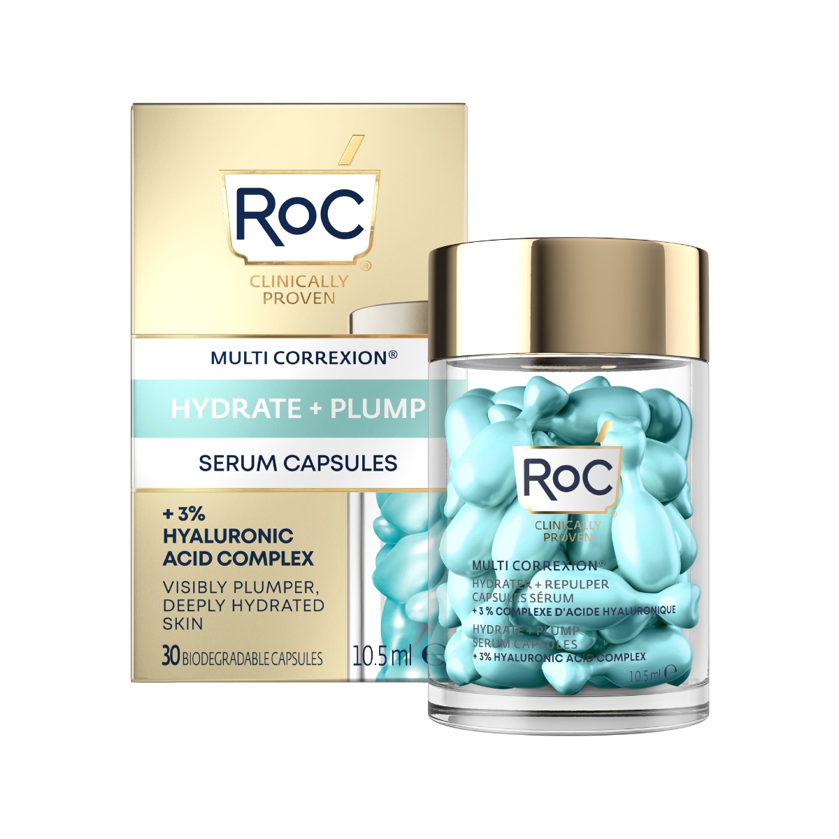 Capsule cu ser pentru fata Multi Correxion Hydrate + Plump, 30 bucati, RoC Capsule cu ser pentru fata Multi Correxion Hydrate + Plump, 30 bucati, RoC