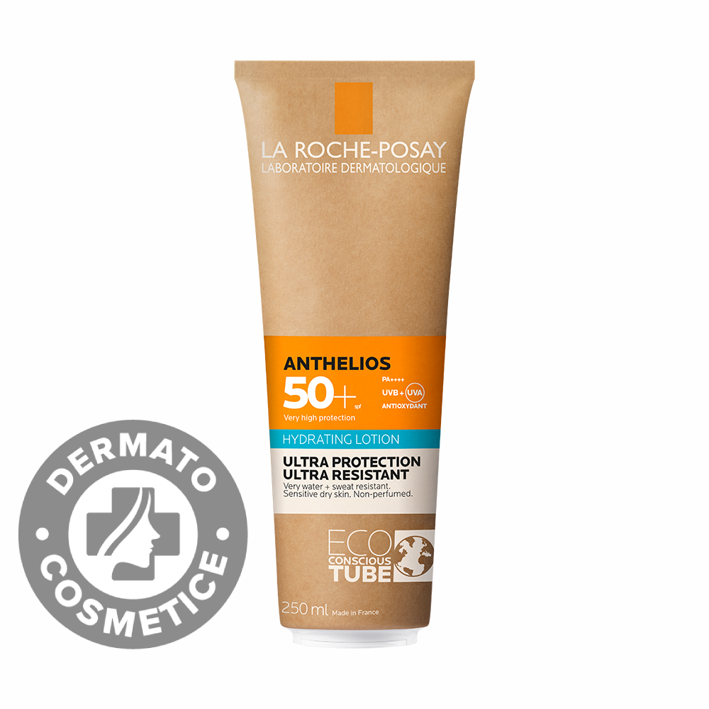Lotiune hidratanta cu protectie solara SPF 50+ fata si corp piele sensibila Eco Tube Anthelios, 250ml, La Roche-Posay Lotiune hidratanta cu protectie solara SPF 50+ fata si corp piele sensibila Eco Tube Anthelios, 250ml, La Roche-Posay