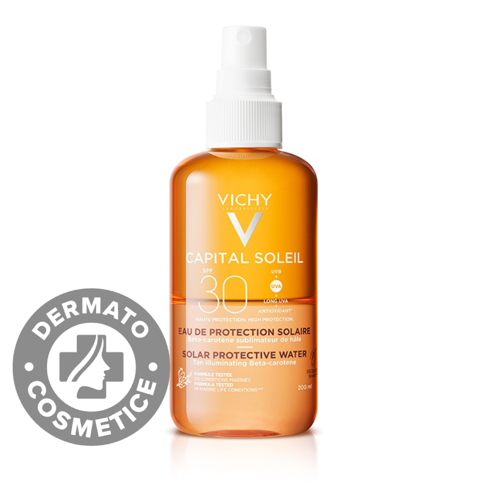 Apa cu protectie solara SPF 30+ pentru bronz de durata fata si corp Capital Soleil, 200ml, Vichy Apa cu protectie solara SPF 30+ pentru bronz de durata fata si corp Capital Soleil, 200ml, Vichy