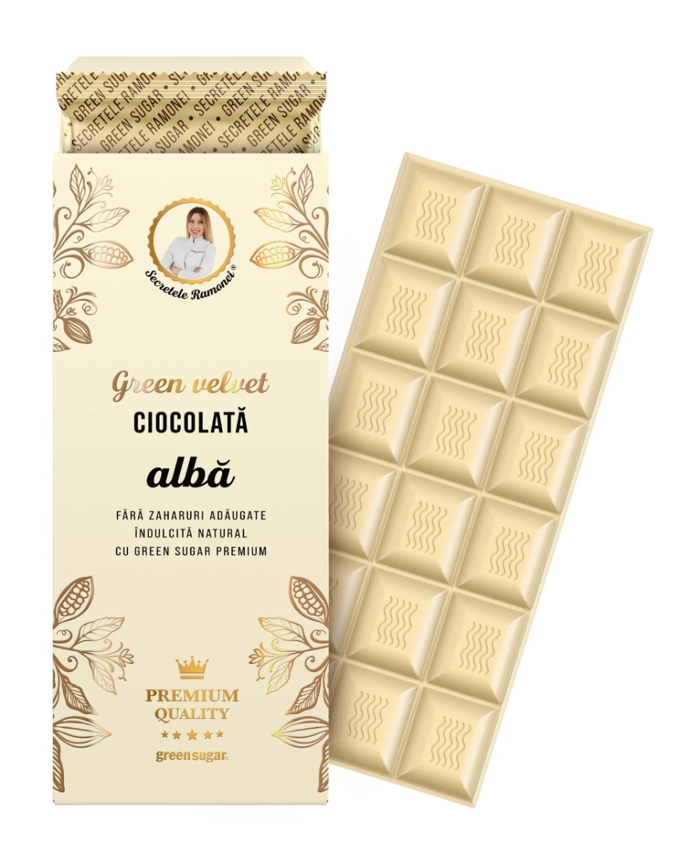 Ciocolata alba Green Velvet Secretele Ramonei, 100g, Laboratoarele Remedia Ciocolata alba Green Velvet Secretele Ramonei, 100g, Laboratoarele Remedia