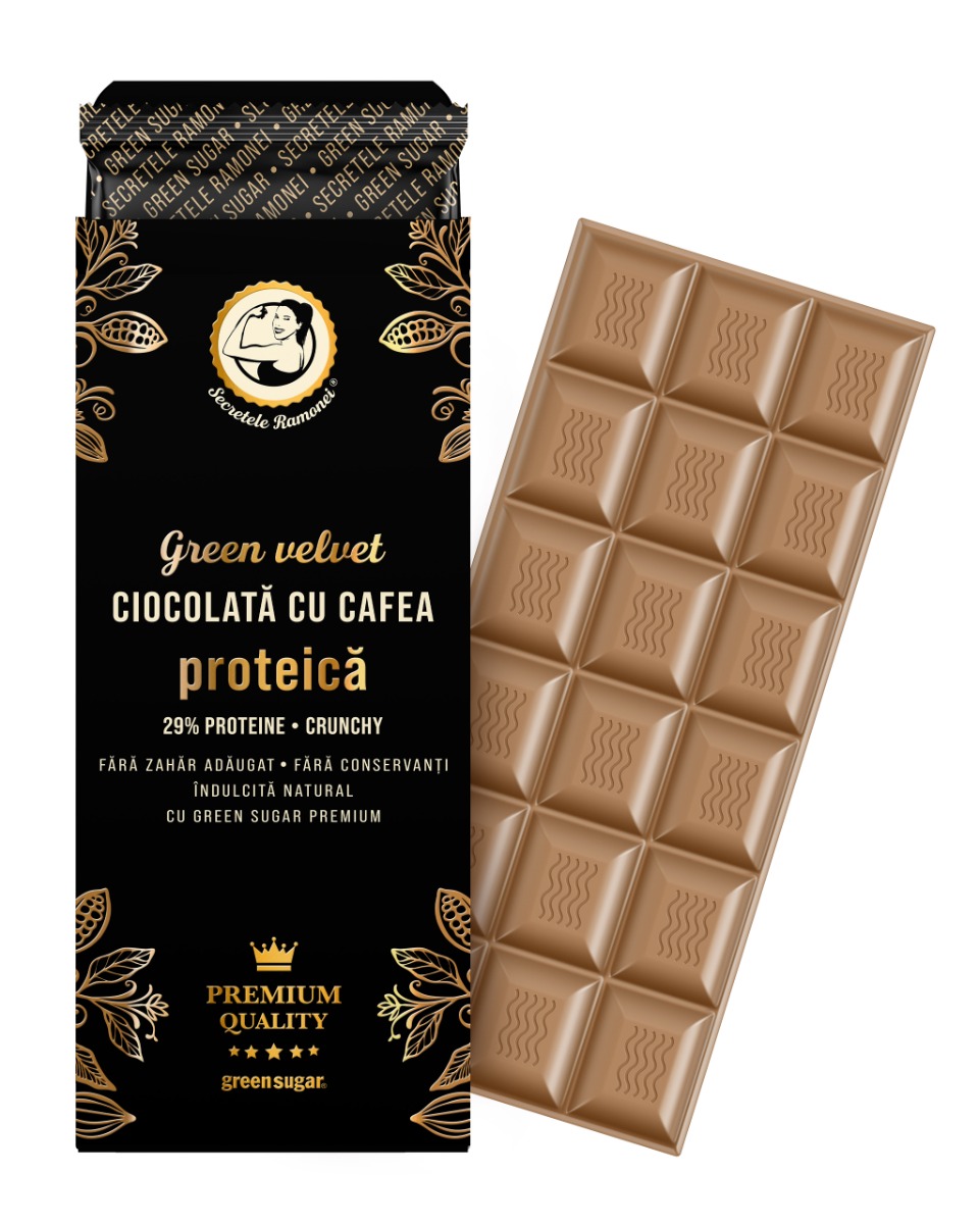 Ciocolata cu cafea proteica Green Velvet Secretele Ramonei, 100g, Laboratoarele Remedia Ciocolata cu cafea proteica Green Velvet Secretele Ramonei, 100g, Laboratoarele Remedia