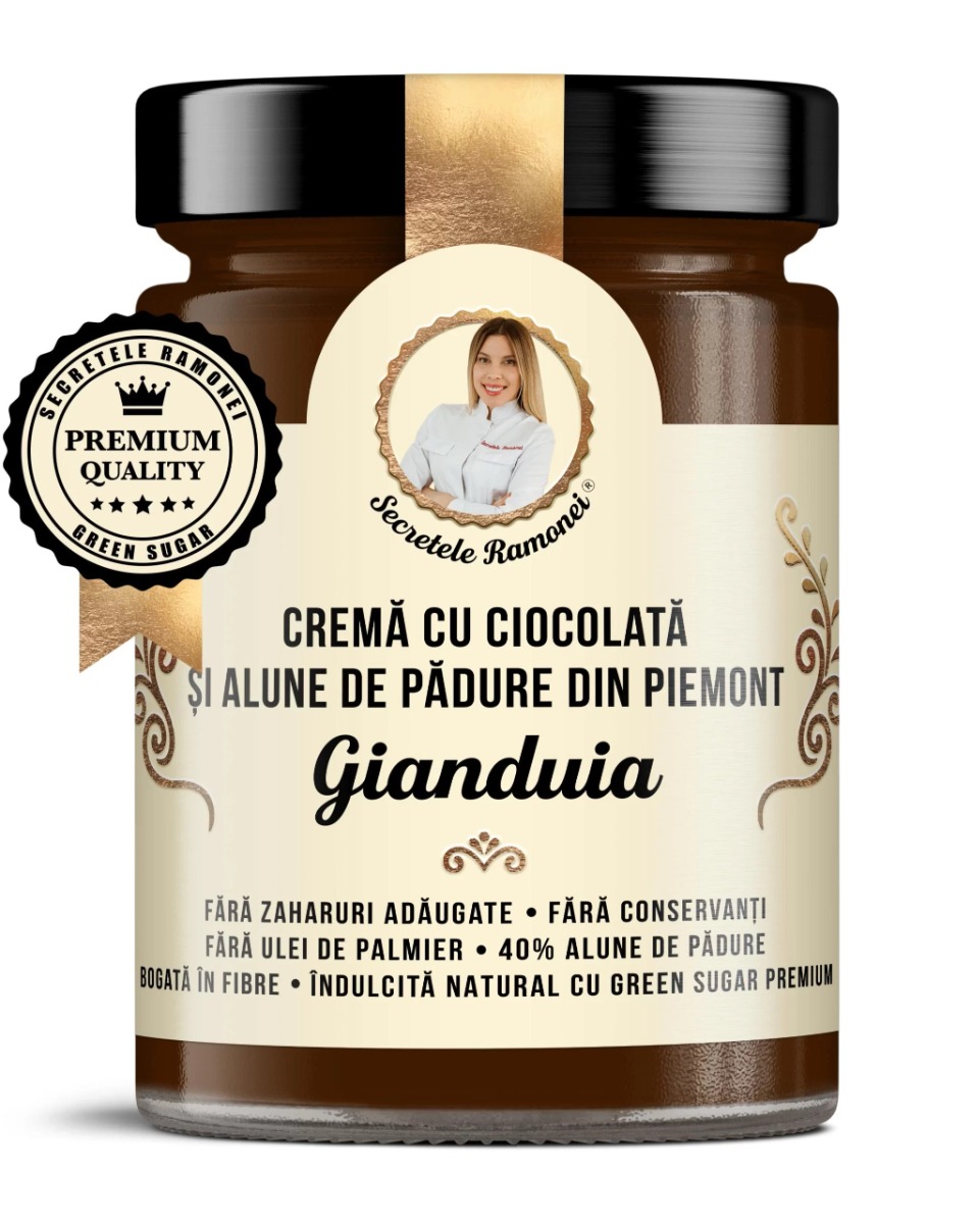 Crema de ciocolata cu alune de padure din Piemont Secretele Ramonei, 350g, Laboratoarele Remedia Crema de ciocolata cu alune de padure din Piemont Secretele Ramonei, 350g, Laboratoarele Remedia
