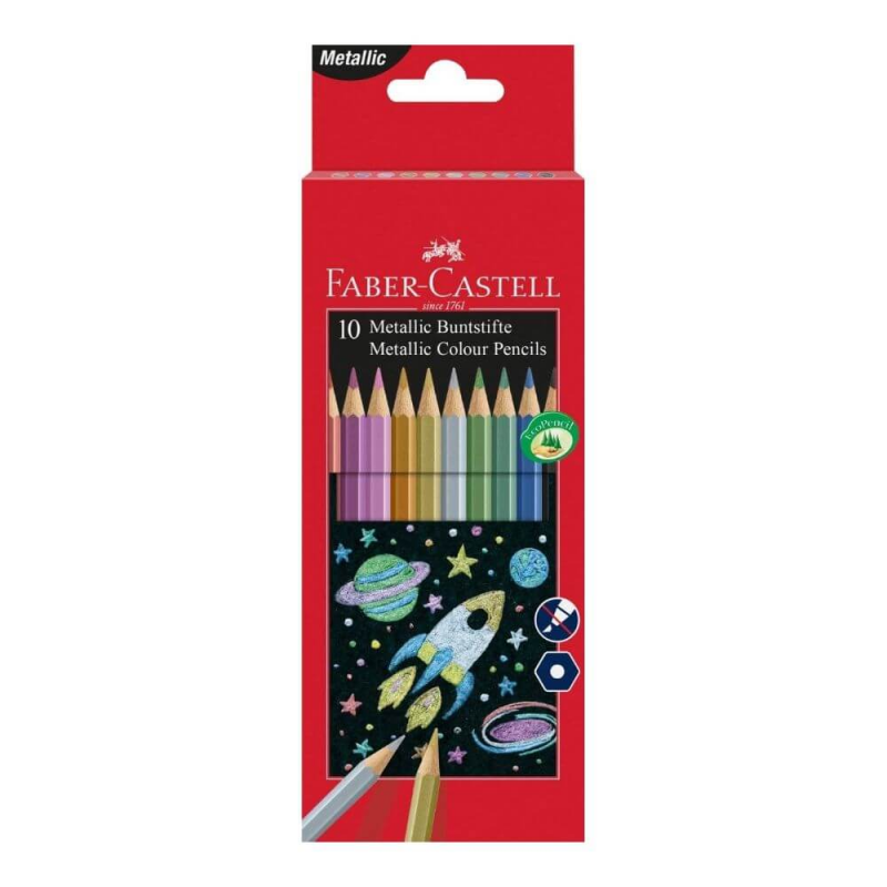 Set 10 Creioane Colorate Metalizate Faber Castell Eco, Hexagonale Set 10 Creioane Colorate Metalizate Faber Castell Eco, Hexagonale