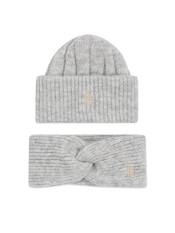 Set de căciulă și bentiță Tommy Hilfiger Th Timeless Beanie + Headband AW0AW15370P4A Gri Set de căciulă și bentiță Tommy Hilfiger Th Timeless Beanie + Headband AW0AW15370P4A Gri
