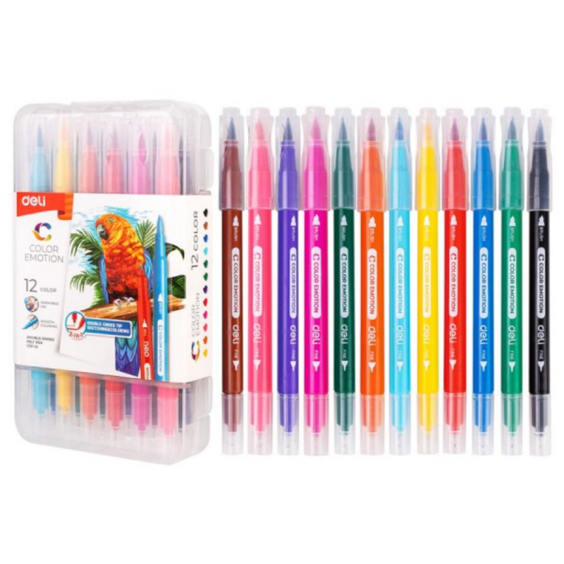 Set 12 Carioci cu Varf Dublu Fin/Carioca, Deli Color Emotion, Culori Lavabile, Multicolore Set 12 Carioci cu Varf Dublu Fin/Carioca, Deli Color Emotion, Culori Lavabile, Multicolore