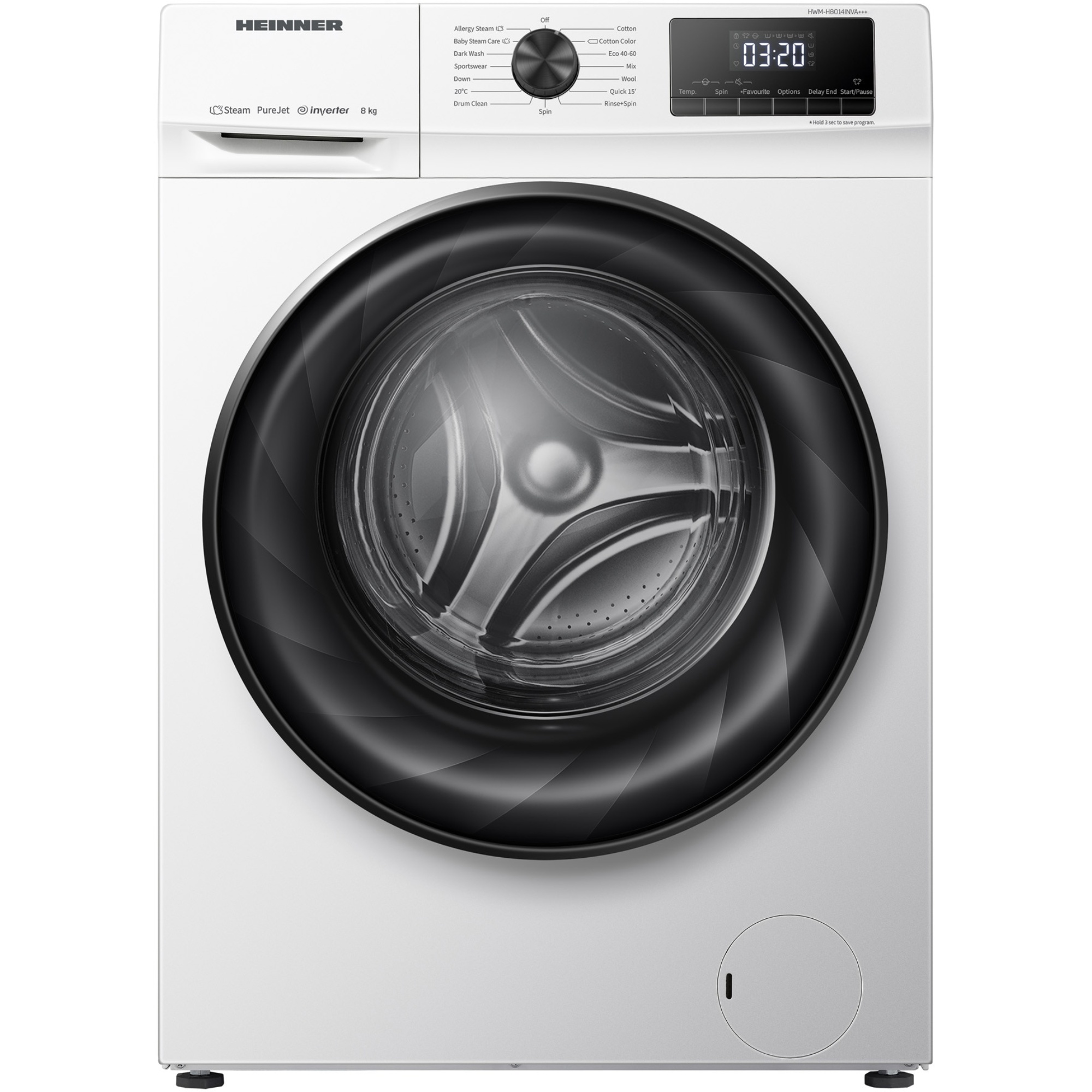 Masina de spalat rufe Heinner HWM-H8014INVA++, 8 kg, 1400 rpm, Clasa A, Motor Inverter, Display digital, Blocare acces copii, Alb Masina de spalat rufe Heinner HWM-H8014INVA++, 8 kg, 1400 rpm, Clasa A, Motor Inverter, Display digital, Blocare acces copii, Alb