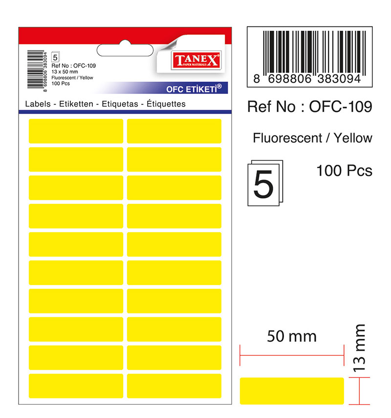 Etichete Autoadezive Color, 13 X 50 Mm, 100 Buc/set, Tanex - Galben Fluorescent Etichete Autoadezive Color, 13 X 50 Mm, 100 Buc/set, Tanex - Galben Fluorescent