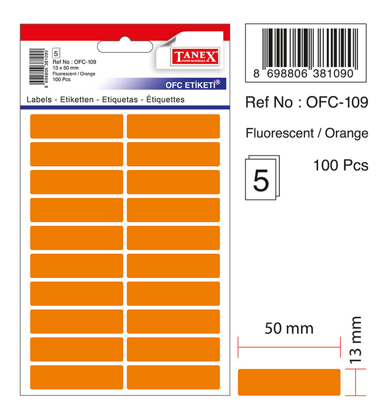 Etichete Autoadezive Color, 13 X 50 Mm, 100 Buc/set, Tanex - Orange Fluorescent Etichete Autoadezive Color, 13 X 50 Mm, 100 Buc/set, Tanex - Orange Fluorescent