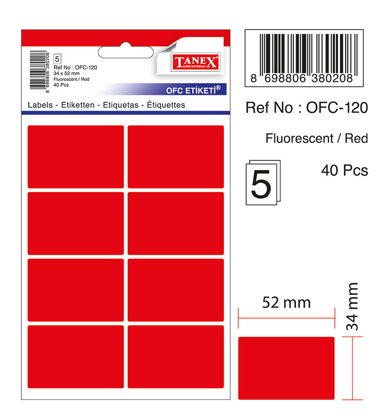 Etichete Autoadezive Color, 34 X 52 Mm, 40 Buc/set, Tanex - Rosu Fluorescent Etichete Autoadezive Color, 34 X 52 Mm, 40 Buc/set, Tanex - Rosu Fluorescent
