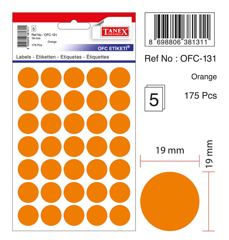 Etichete Autoadezive Color, D19 Mm, 175 Buc/set, Tanex - Orange