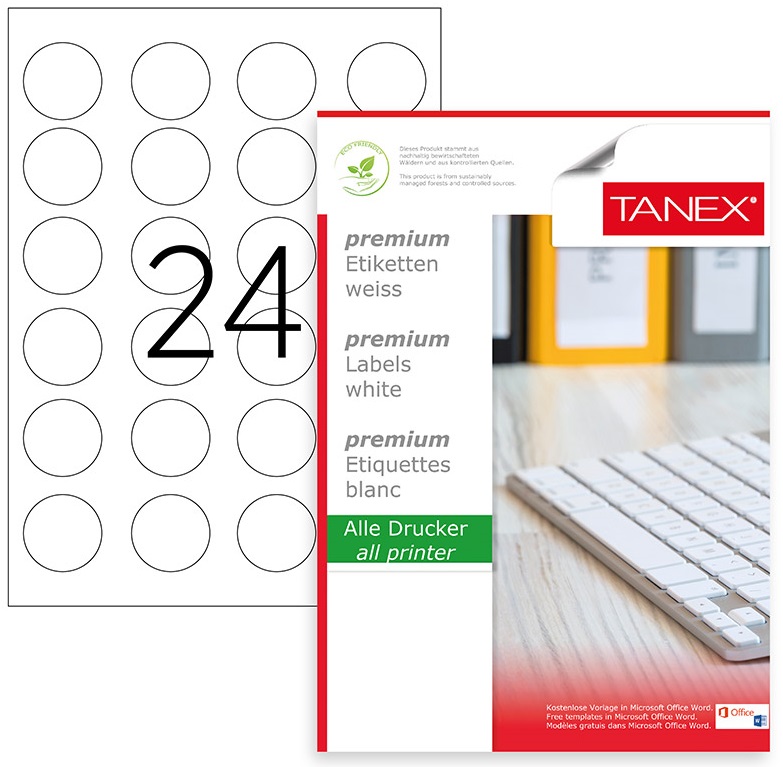 Etichete Albe Autoadezive, Repozitionabile, Rotunde - D40mm, 24/a4, 25 Coli/top, Tanex Etichete Albe Autoadezive, Repozitionabile, Rotunde - D40mm, 24/a4, 25 Coli/top, Tanex