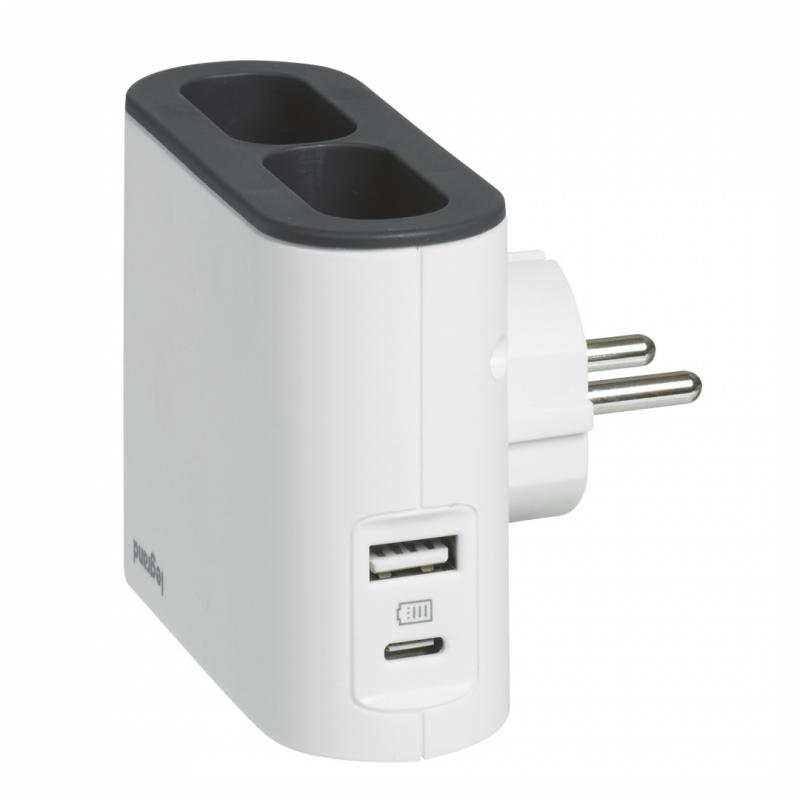Bloc Prize 2x2P 6A si USB A+C cu Suport pt telefon alb-gri inchis Bloc Prize 2x2P 6A si USB A+C cu Suport pt telefon alb-gri inchis