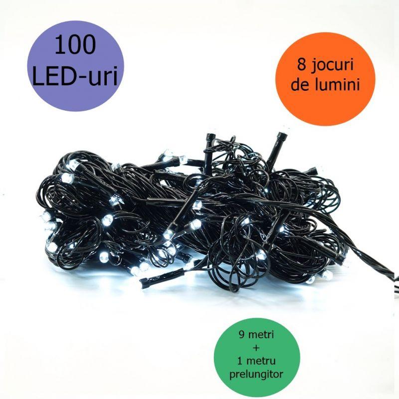 Instalatie de Craciun liniara eMazing, 10 M, din care 1 M cablu priza 220v, 100 LED, 8 jocuri de lumini, controler, fir negru, alb rece Instalatie de Craciun liniara eMazing, 10 M, din care 1 M cablu priza 220v, 100 LED, 8 jocuri de lumini, controler, fir negru, alb rece