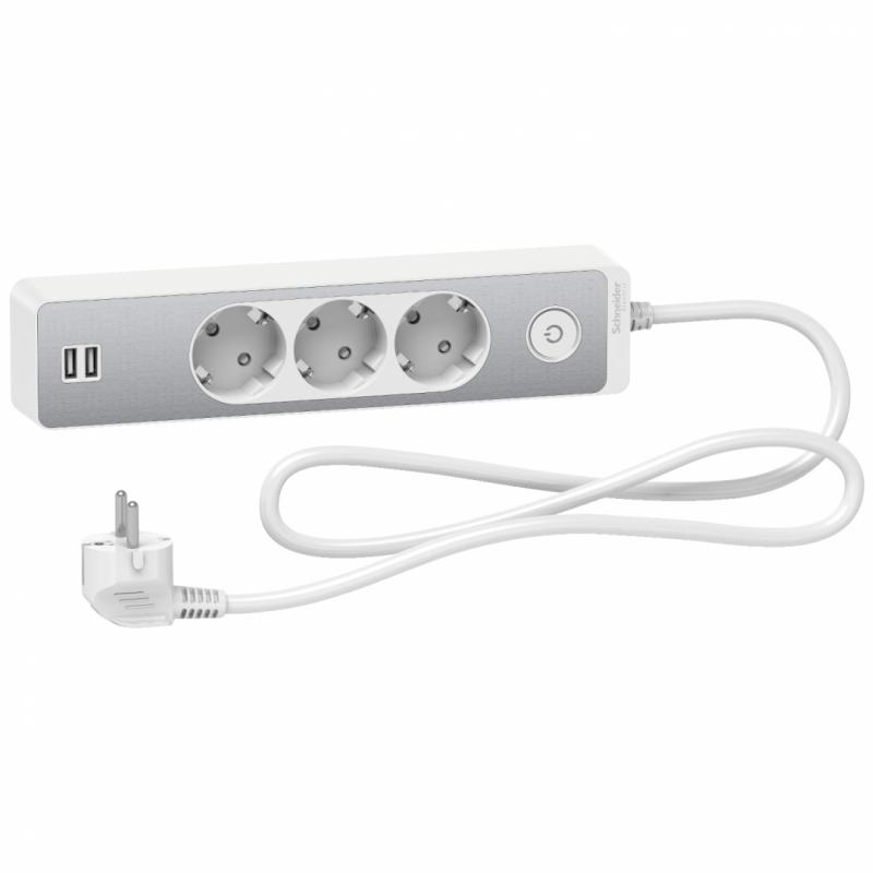 Prelungitor 2P+E , 3 prize+2USB+intrerupator, 1.5m , alb/aluminiu, Unica Prelungitor 2P+E , 3 prize+2USB+intrerupator, 1.5m , alb/aluminiu, Unica
