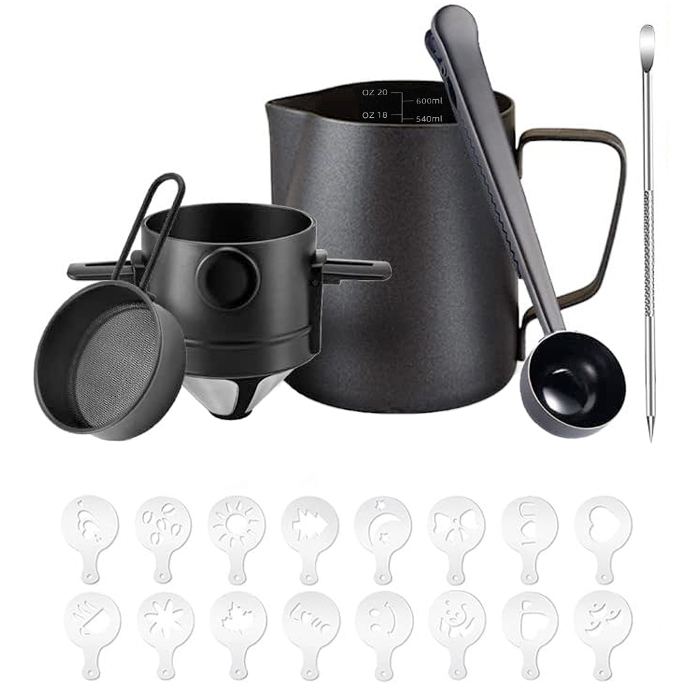 Set cafea portabil, Quasar & Co, cu filtru cafea, latiera, lingurita dozatoare, sita, stilou si matrite decorare, 600 ml, otel inoxidabil, negru Set cafea portabil, Quasar & Co, cu filtru cafea, latiera, lingurita dozatoare, sita, stilou si matrite decorare, 600 ml, otel inoxidabil, negru