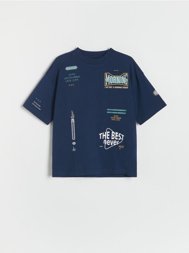 Tricou oversized cu imprimeu - Albastru metalizat Tricou oversized cu imprimeu - Albastru metalizat