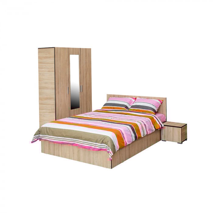 Set dormitor CORINNE, 4 piese, pat 140x200 cm, dulap 3 usi, 2 noptiere, sonoma deschis, cant sonoma inchis Set dormitor CORINNE, 4 piese, pat 140x200 cm, dulap 3 usi, 2 noptiere, sonoma deschis, cant sonoma inchis