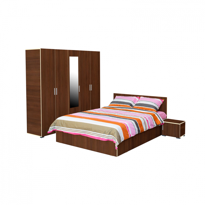 Set dormitor CORINNE, 4 piese, pat 160x200 cm, dulap 5 usi, 2 noptiere, nuc, cant vanilie Set dormitor CORINNE, 4 piese, pat 160x200 cm, dulap 5 usi, 2 noptiere, nuc, cant vanilie
