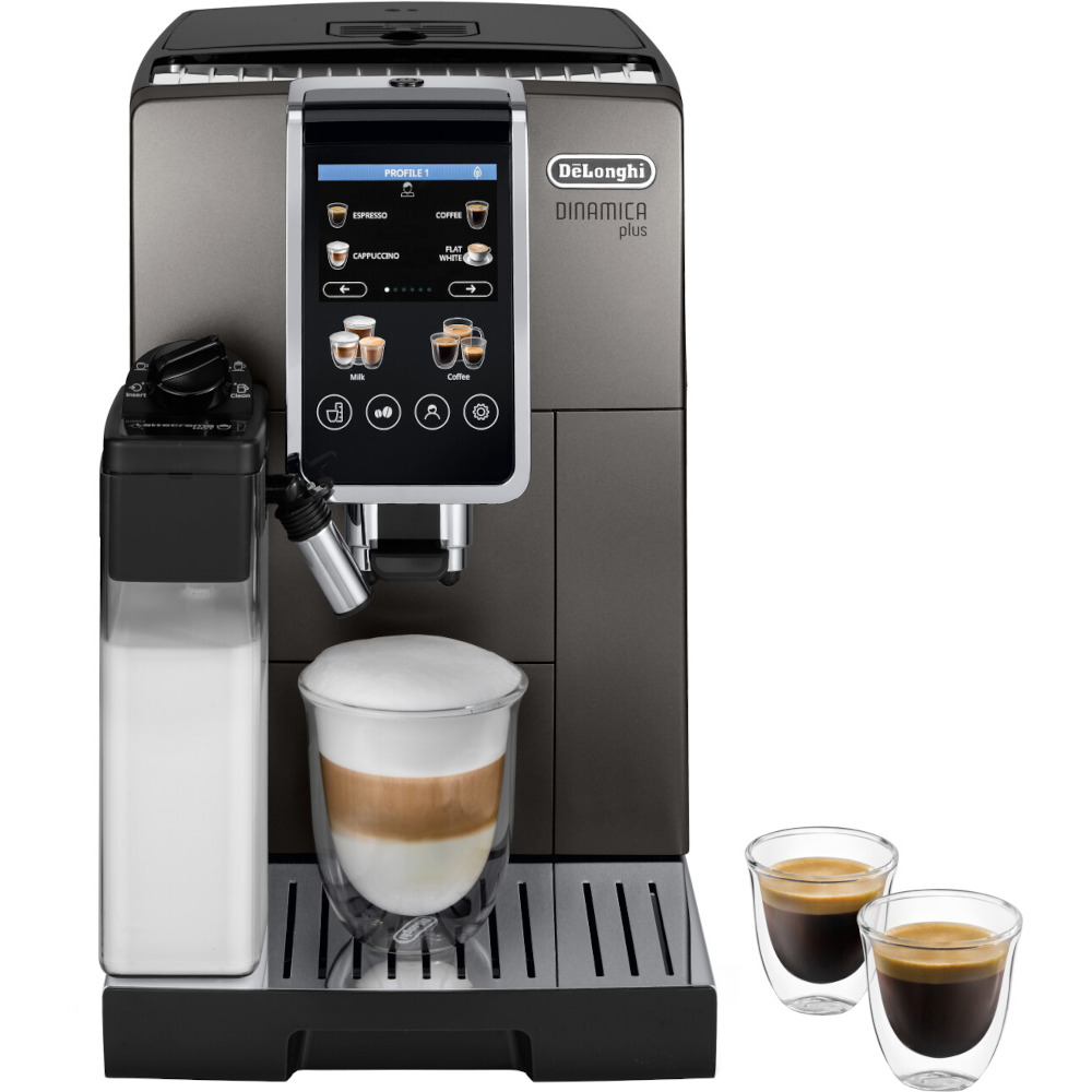 Espressor automat De'Longhi Dinamica Plus ECAM380.95.TB, 1450 W, 15 bar, 1.8 l, 2 Carafe pentru lapte, Gri inchis Espressor automat De'Longhi Dinamica Plus ECAM380.95.TB, 1450 W, 15 bar, 1.8 l, 2 Carafe pentru lapte, Gri inchis