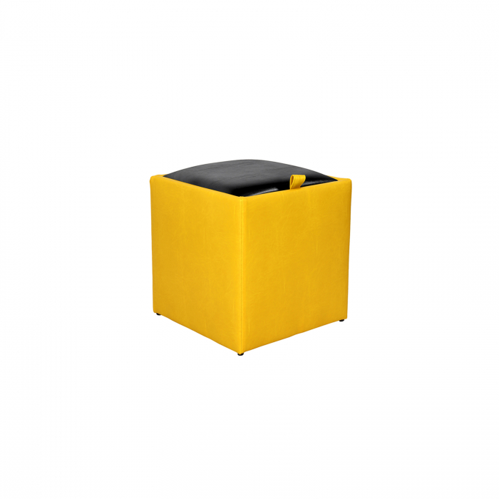 Taburet BOX, cu spatiu depozitare, imitatie piele, galben + negru, 37x37x41 cm Taburet BOX, cu spatiu depozitare, imitatie piele, galben + negru, 37x37x41 cm