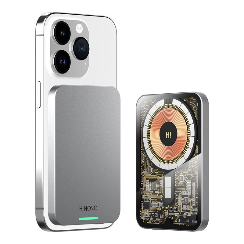 Baterie externa pentru iPhone si Android HINOVO MB1-5000X, 5000mAh, Cyberpunk Style, Incarcare Wireless, functie MagSafe Baterie externa pentru iPhone si Android HINOVO MB1-5000X, 5000mAh, Cyberpunk Style, Incarcare Wireless, functie MagSafe