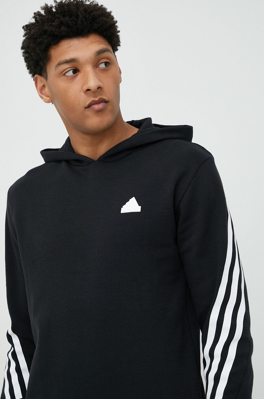 Adidas bluza barbati, culoarea negru, cu glugă, cu imprimeu Adidas bluza barbati, culoarea negru, cu glugă, cu imprimeu