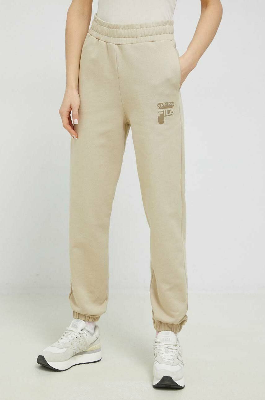 Fila pantaloni de trening din bumbac culoarea bej, neted Fila pantaloni de trening din bumbac culoarea bej, neted