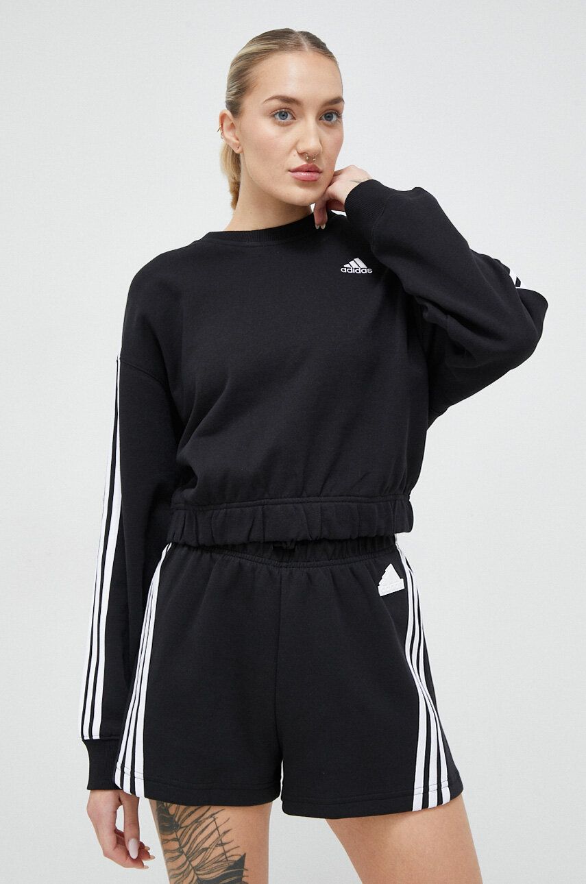 adidas hanorac de bumbac femei, culoarea negru, cu imprimeu adidas hanorac de bumbac femei, culoarea negru, cu imprimeu