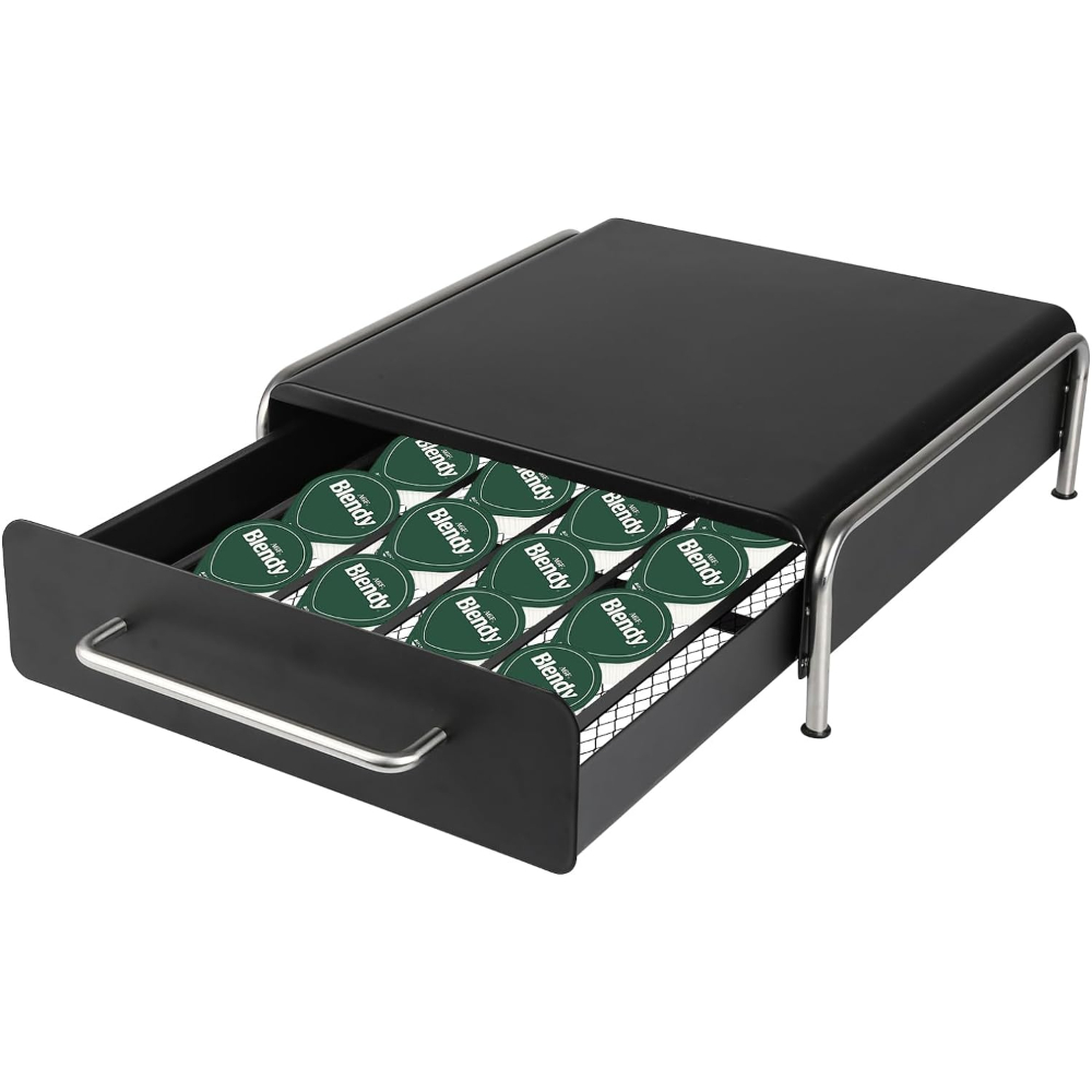 Suport pentru 36 capsule cafea, Quasar & Co.®, cu suport cafetiera, stand orizontal, 31.5 x 20.5 x 10 cm, metal, negru Suport pentru 36 capsule cafea, Quasar & Co.®, cu suport cafetiera, stand orizontal, 31.5 x 20.5 x 10 cm, metal, negru
