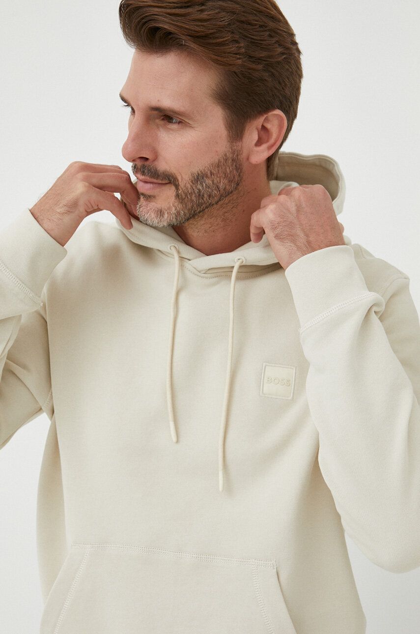 BOSS hanorac de bumbac CASUAL bărbați, culoarea bej, cu glugă, uni 50468445 BOSS hanorac de bumbac CASUAL bărbați, culoarea bej, cu glugă, uni 50468445