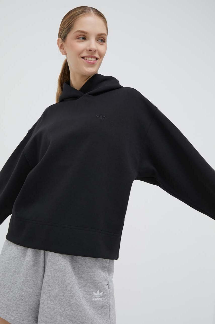 adidas Originals bluză Premium Essentials Short Hoodie femei, culoarea negru, cu glugă, uni IC5247-BLACK adidas Originals bluză Premium Essentials Short Hoodie femei, culoarea negru, cu glugă, uni IC5247-BLACK