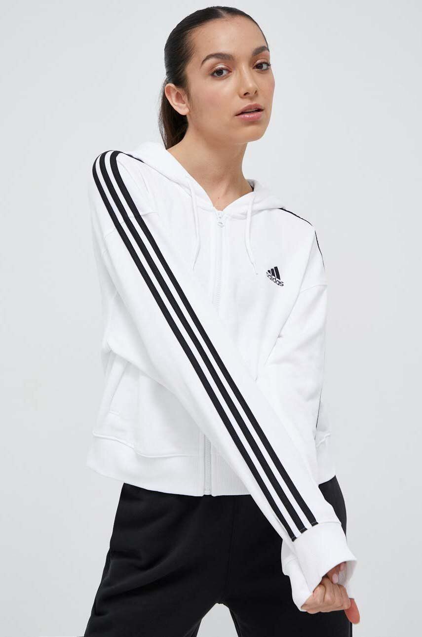 adidas hanorac de bumbac femei, culoarea alb, cu glugă, cu imprimeu IK8387 adidas hanorac de bumbac femei, culoarea alb, cu glugă, cu imprimeu IK8387