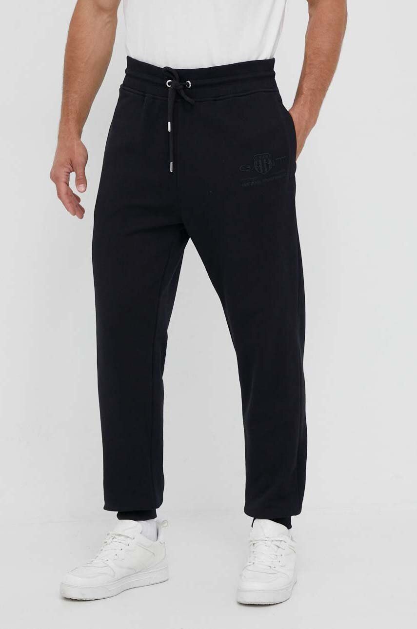 Gant pantaloni de trening din bumbac culoarea negru, neted Gant pantaloni de trening din bumbac culoarea negru, neted
