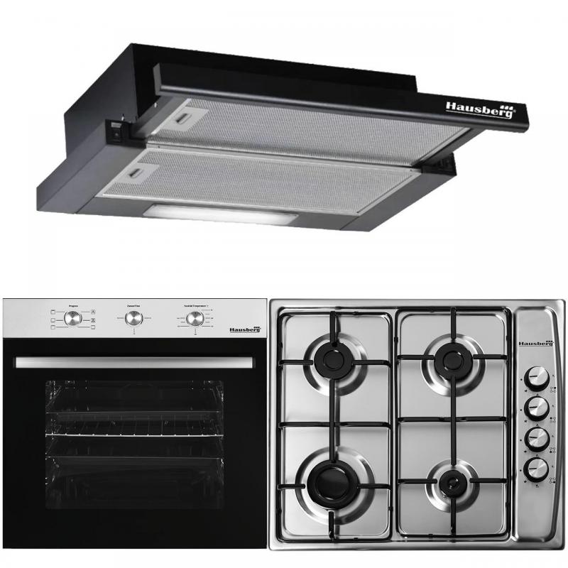 Pachet incorporabil Hausberg Cuptor electric HB-8053IN, 71L, Negru/Inox, Plita Incorporabila HB-555, Gaz, Inox, Hota incorporabila telescopica HB-1285NG, 420 m3/h, 2 motoare, 60 cm