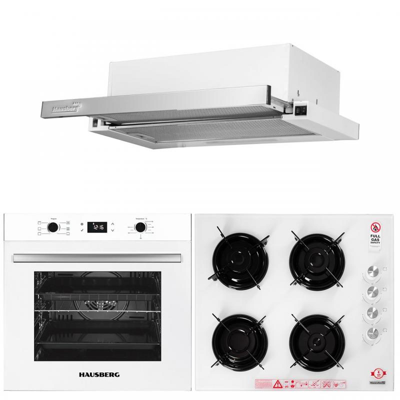 Pachet incorporabil HAUSBERG Cuptor electric HB-8054AB, Clasa A, 71L, 2225W, panou sticla termoizolant, termostat, timer, 7 functii, ventilatie, Plita HB-563, Gaz, 4 arzatoare, Hota telescopica HB-1285, absorbtie 420 m3/h, 2 motoare, 60 cm, Alb Pachet incorporabil HAUSBERG Cuptor electric HB-8054AB, Clasa A, 71L, 2225W, panou sticla termoizolant, termostat, timer, 7 functii, ventilatie, Plita HB-563, Gaz, 4 arzatoare, Hota telescopica HB-1285, absorbtie 420 m3/h, 2 motoare, 60 cm, Alb