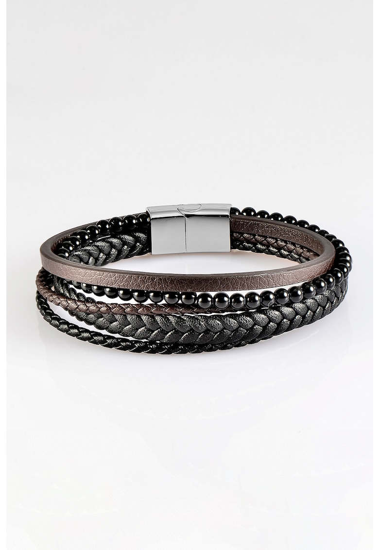 Bratara cu siraguri multiple din piele si margele din onix - Negru/Maro Bratara cu siraguri multiple din piele si margele din onix - Negru/Maro