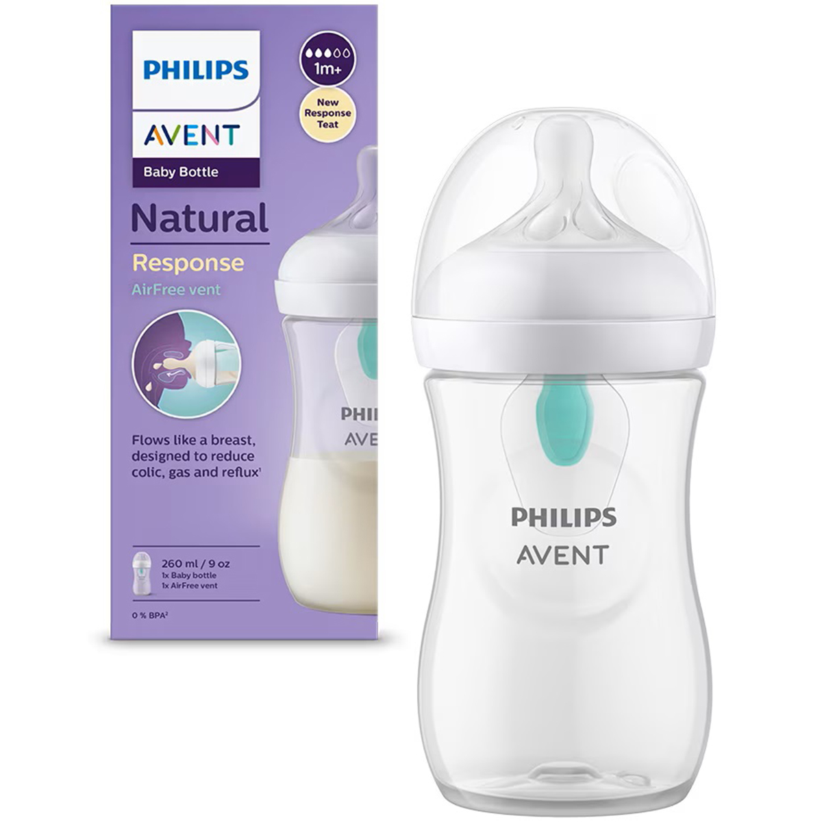 Biberon Philips Avent Natural Response SCY673/01, cu dispozitiv anticolici AirFree, 260 ml, tetina care functioneaza ca sanul mamei, cu debit 3, tetina fara scurgeri, +1 luni, fara BPA, usor de curatat, Transparent Biberon Philips Avent Natural Response SCY673/01, cu dispozitiv anticolici AirFree, 260 ml, tetina care functioneaza ca sanul mamei, cu debit 3, tetina fara scurgeri, +1 luni, fara BPA, usor de curatat, Transparent