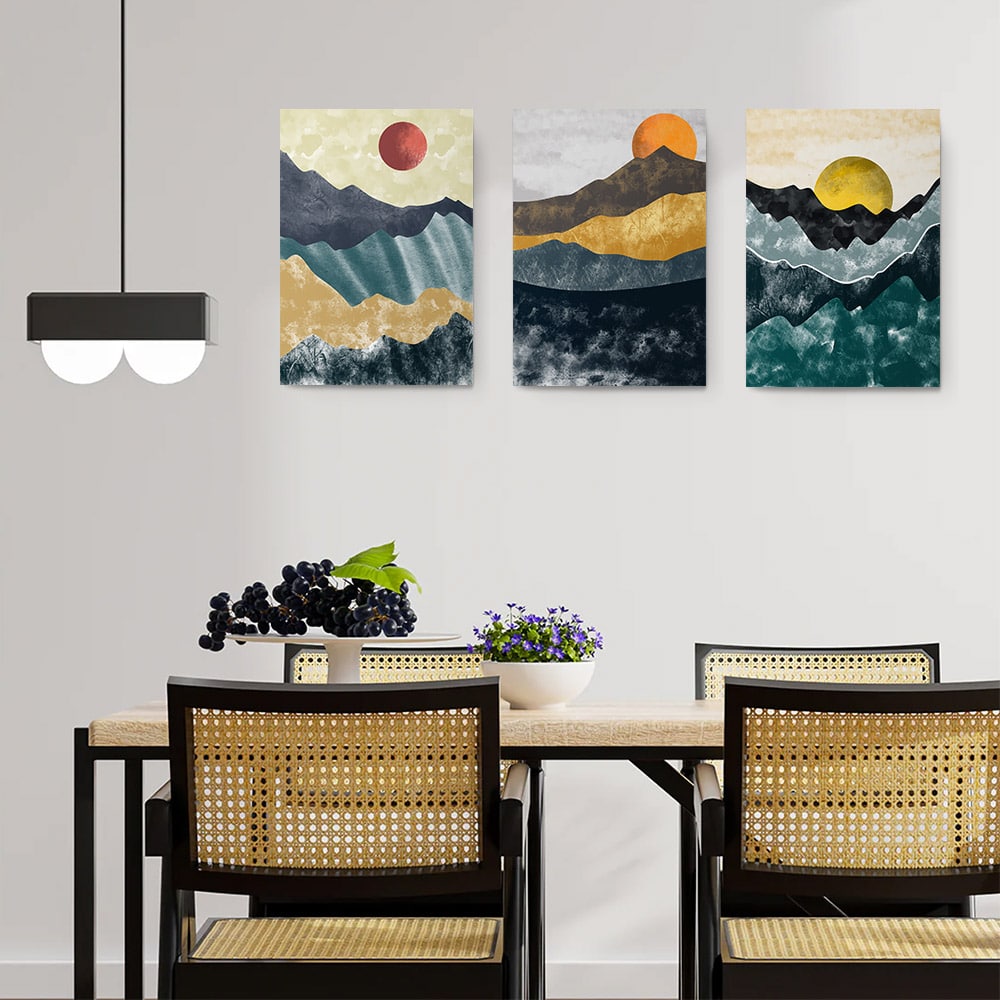 Set 3 tablouri Boho minimalism peisaj munti - Dimensiune multicanvas: 3 tablouri 60x90 cm Set 3 tablouri Boho minimalism peisaj munti - Dimensiune multicanvas: 3 tablouri 60x90 cm