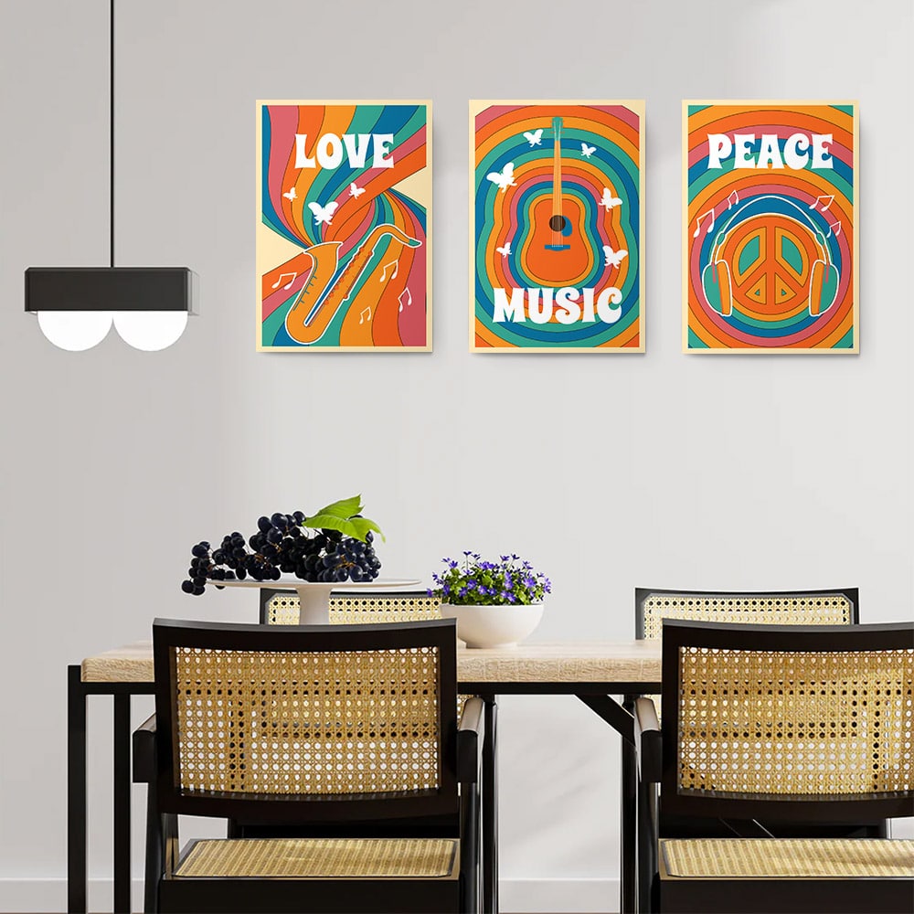 Set 3 tablouri afise muzica love peace stil hippie - Dimensiune multicanvas: 3 tablouri 50x70 cm Set 3 tablouri afise muzica love peace stil hippie - Dimensiune multicanvas: 3 tablouri 50x70 cm