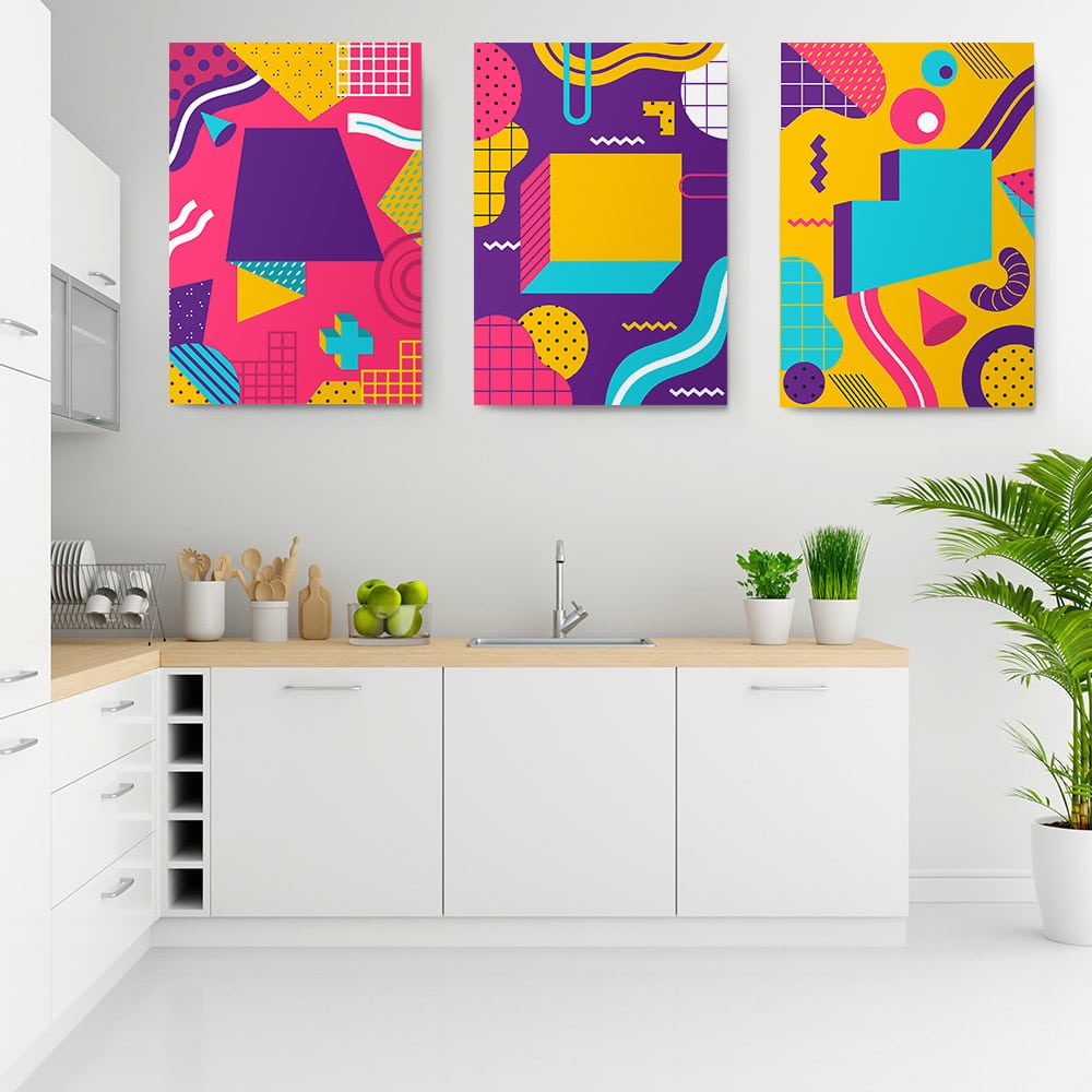 Set 3 tablouri forme abstracte geometrice multicanvas - Dimensiune multicanvas: 3 tablouri 30x45 cm Set 3 tablouri forme abstracte geometrice multicanvas - Dimensiune multicanvas: 3 tablouri 30x45 cm